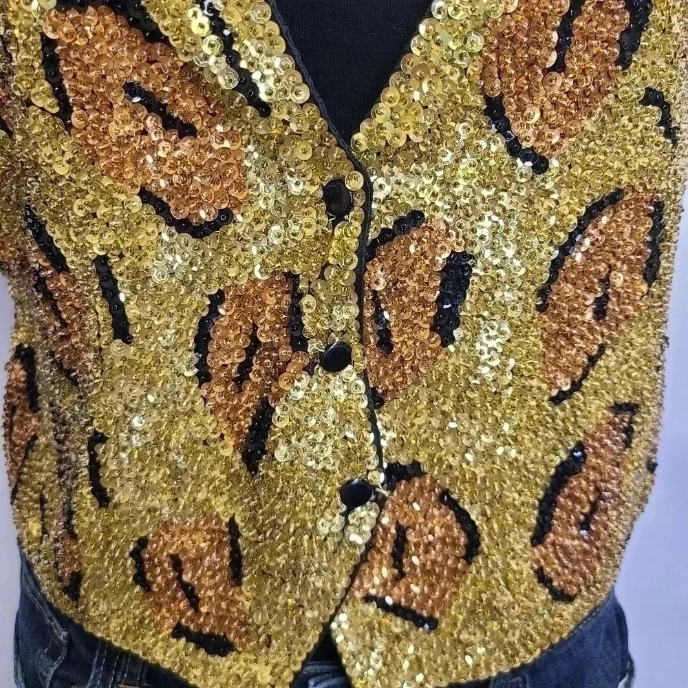 Chantik Vintage Sequin Vest Cat Eye Animal Print Gold Orange Black Rayon - Picture 3 of 13